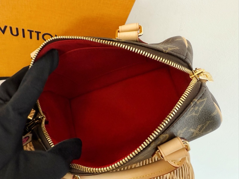 全新LV 老花Speedy Bandoulière 20黑拚色帆布寬揹帶波士頓包M46234-11