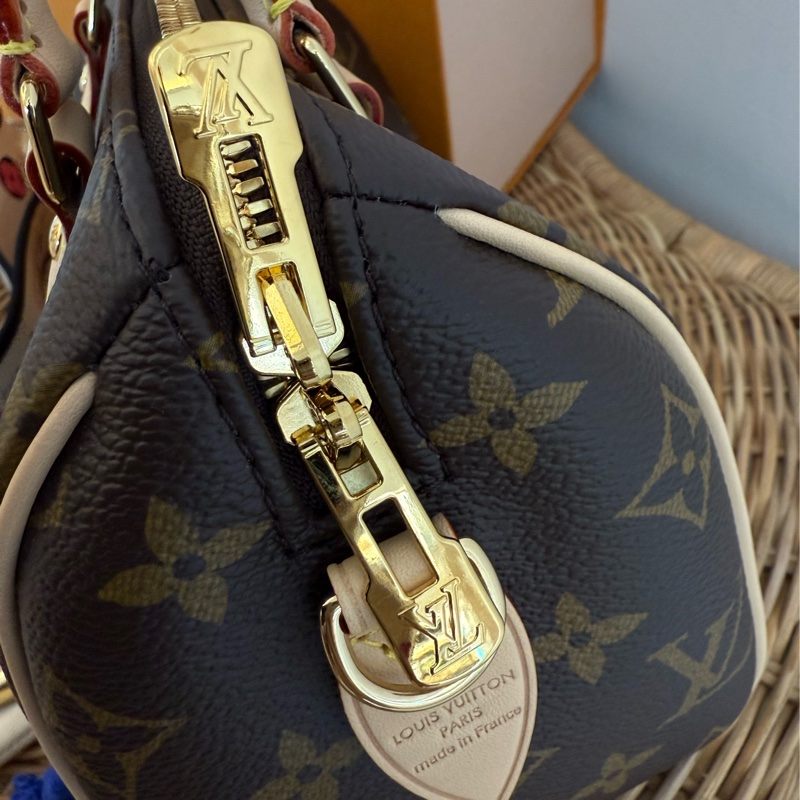 全新LV 老花Speedy Bandoulière 20黑拚色帆布寬揹帶波士頓包M46234-12