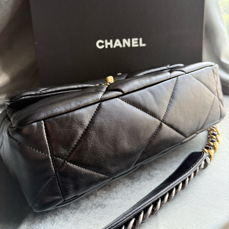 Chanel 19 三色鍊帶菱格紋口蓋包(大款)(黑色)-3