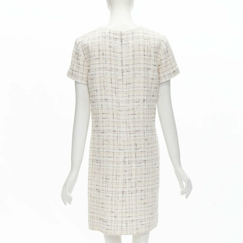 CHANEL light pink beige black check tweed short sleeve sheath dress FR38 M-4