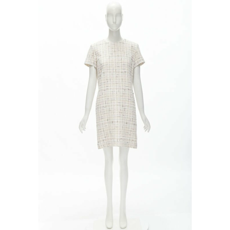 CHANEL light pink beige black check tweed short sleeve sheath dress FR38 M-9
