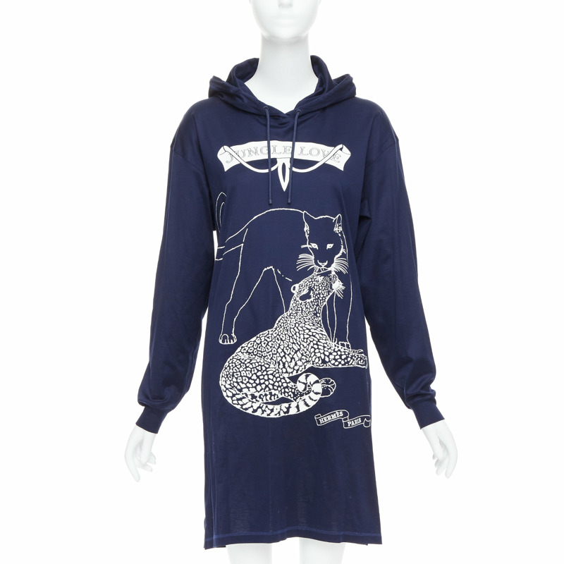 HERMES 2022 navy jungle love print coated cotton hooded dress FR40 L-0