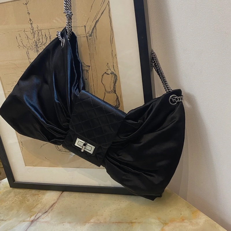 Chanel • 2.55黑銀緞面大蝴蝶結鏈條包 08年秀款-3