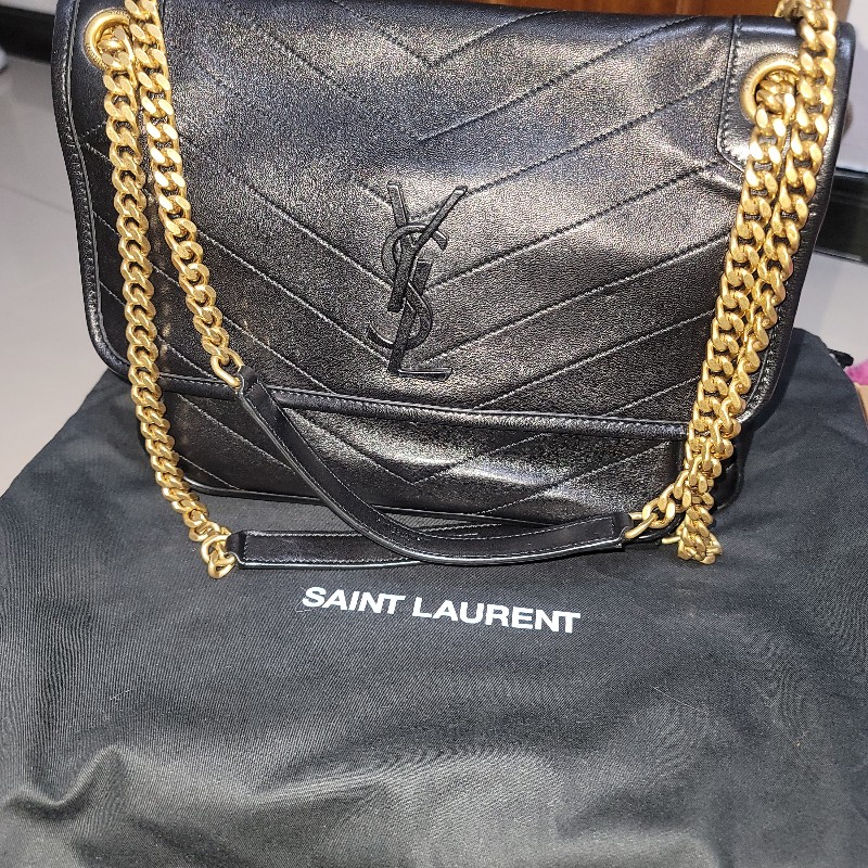 YSL NIKI黑色中號牛皮金鏈肩背斜背包-0