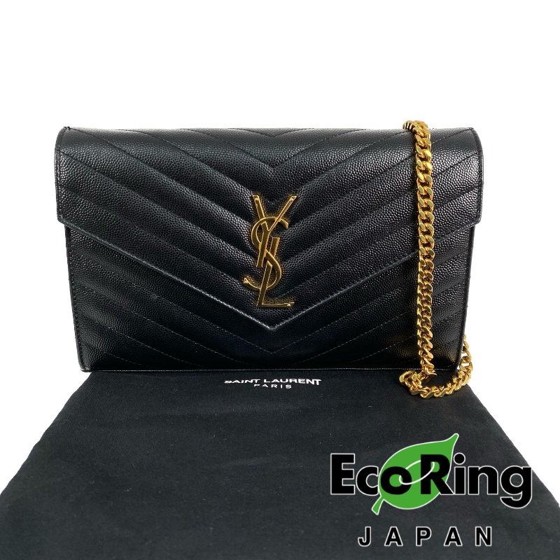 △ Saint Laurent 聖羅蘭 Black Caviar Skin Gold Tone Metal Wallet On Chain 黑色粒紋小牛皮金色金屬鎖鏈銀包 - 257011754-0