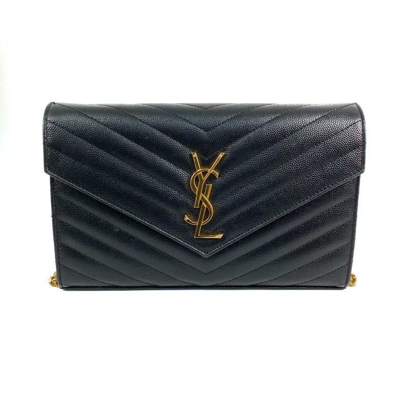 △ Saint Laurent 聖羅蘭 Black Caviar Skin Gold Tone Metal Wallet On Chain 黑色粒紋小牛皮金色金屬鎖鏈銀包 - 257011754-1