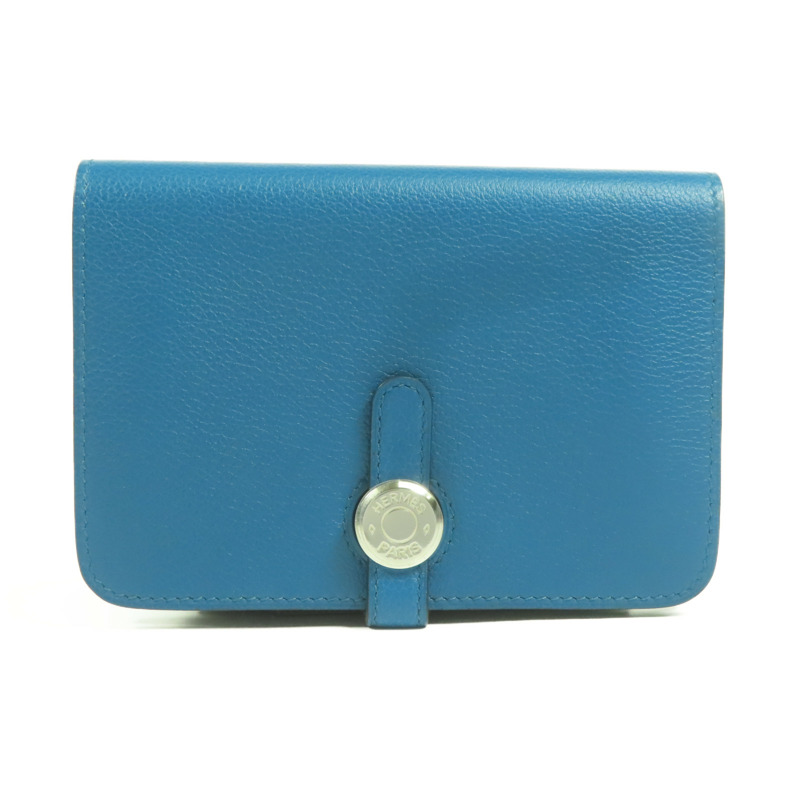 HERMES Evercolor皮革Dogon Compact銀扣錢包Bleu De Galice-0
