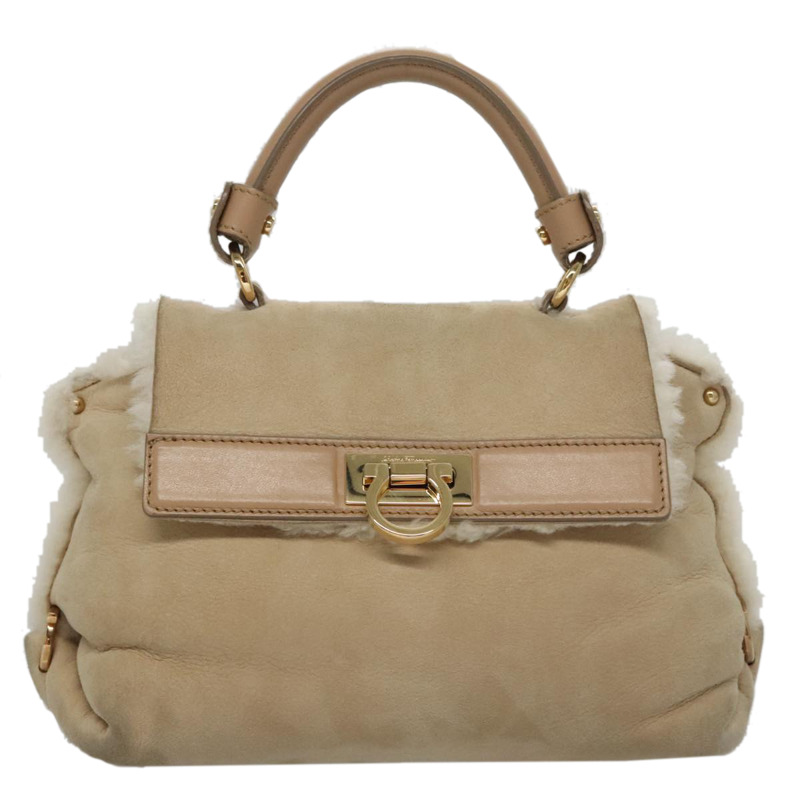 【日本直送】Salvatore Ferragamo Gancini 手提包 Mouton 2way 米色金色 Authentic 104184-12