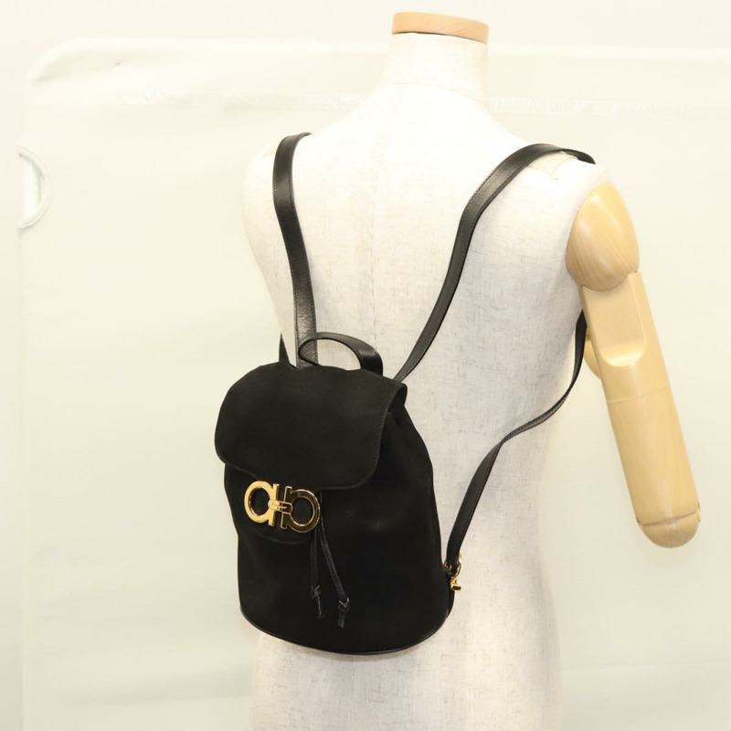 【日本直送】Salvatore Ferragamo Gancini 背包 絨面革 黑金 正品 119454-25