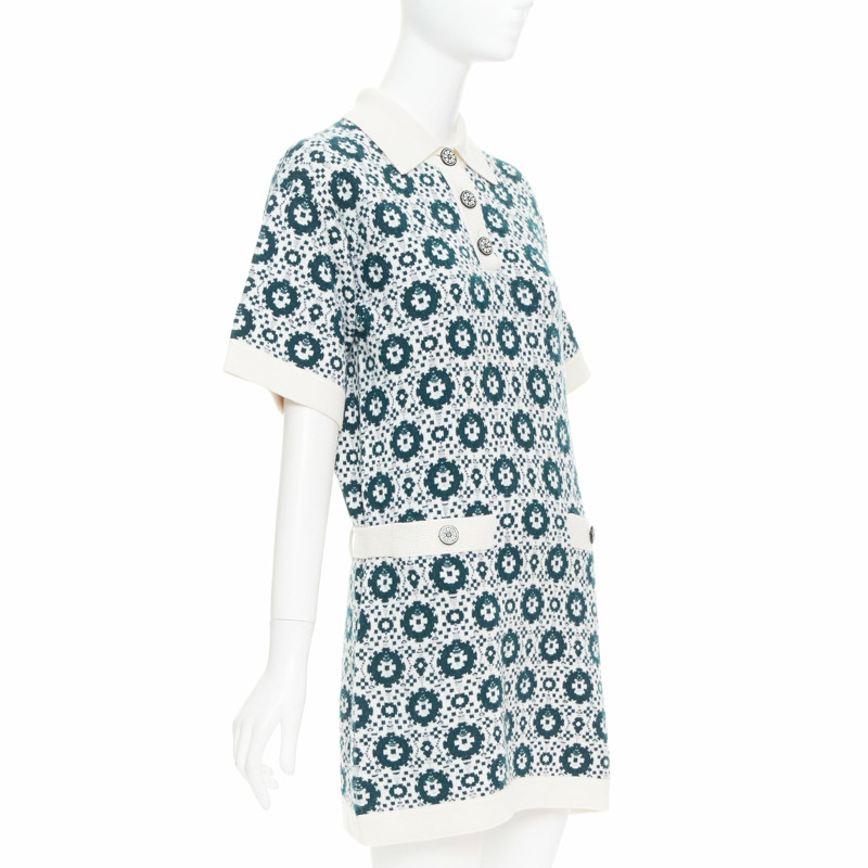 CHANEL 2016 100% cashmere knit green mosaic CC button polo dress FR38 M-2