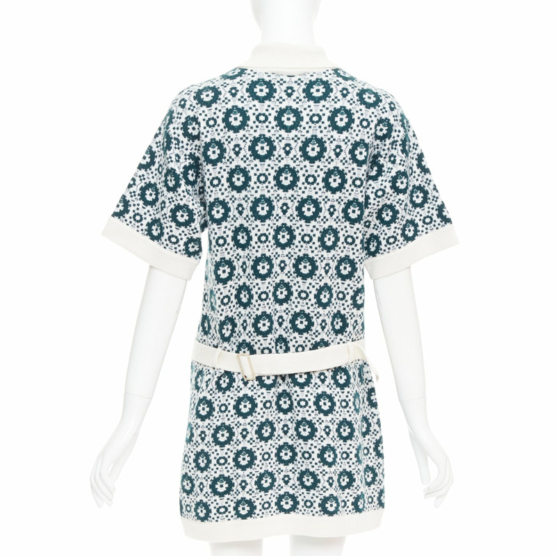 CHANEL 2016 100% cashmere knit green mosaic CC button polo dress FR38 M-4