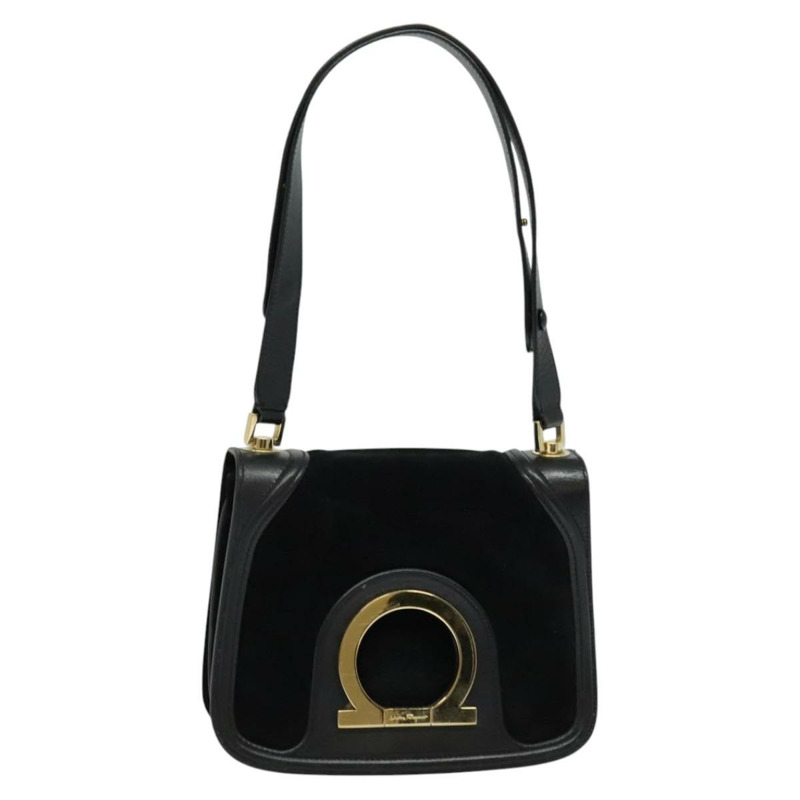 【日本直送】Salvatore Ferragamo Gancini 鏈條單肩包 絨面革 黑金色 正品 120977-0