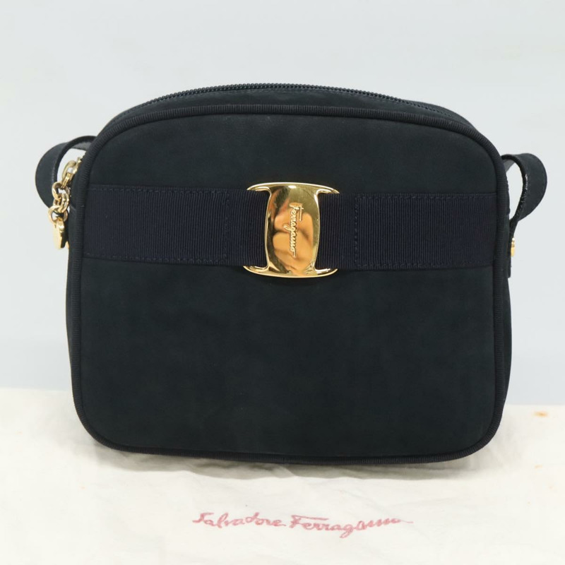 【日本直送】Salvatore Ferragamo Vala 單肩包 絨面革 海軍藍 金色 正品 gh061-11