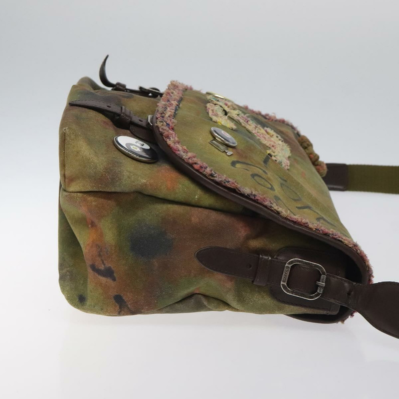 【日本直送】香奈兒刺繡塗鴉單背包 帆布皮革 卡其色 CC 標誌 Auth 121519SV-3