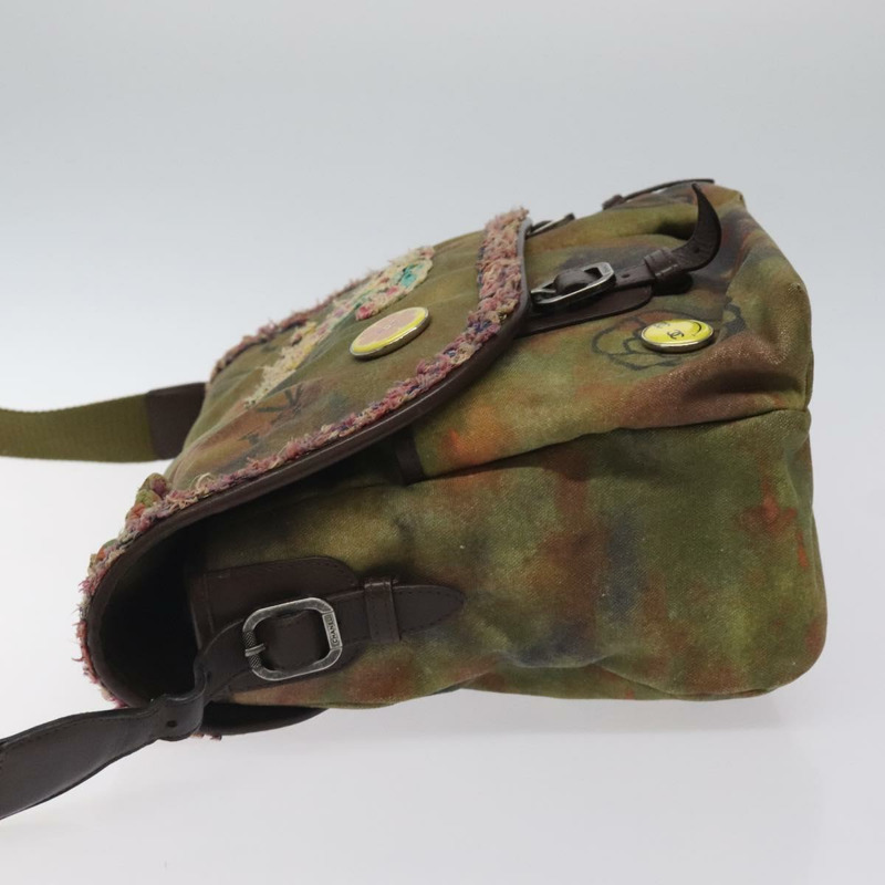 【日本直送】香奈兒刺繡塗鴉單背包 帆布皮革 卡其色 CC 標誌 Auth 121519SV-4