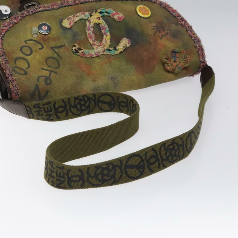 【日本直送】香奈兒刺繡塗鴉單背包 帆布皮革 卡其色 CC 標誌 Auth 121519SV-6