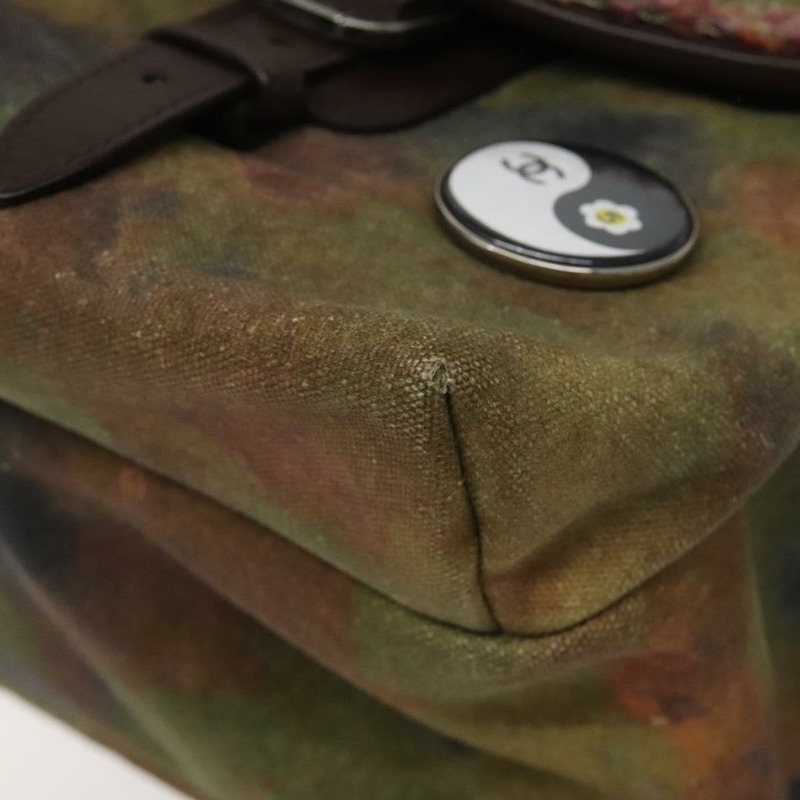 【日本直送】香奈兒刺繡塗鴉單背包 帆布皮革 卡其色 CC 標誌 Auth 121519SV-9