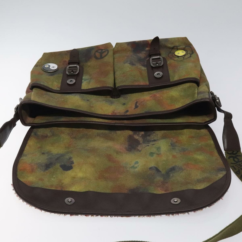 【日本直送】香奈兒刺繡塗鴉單背包 帆布皮革 卡其色 CC 標誌 Auth 121519SV-15