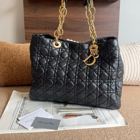 【近新閒置品】Dior迪奧12年黑色金扣小羊皮手提單肩戴妃托特包鏈條包