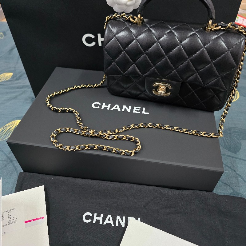 chanel cf20 handle 全新 黑淡金羊皮-2