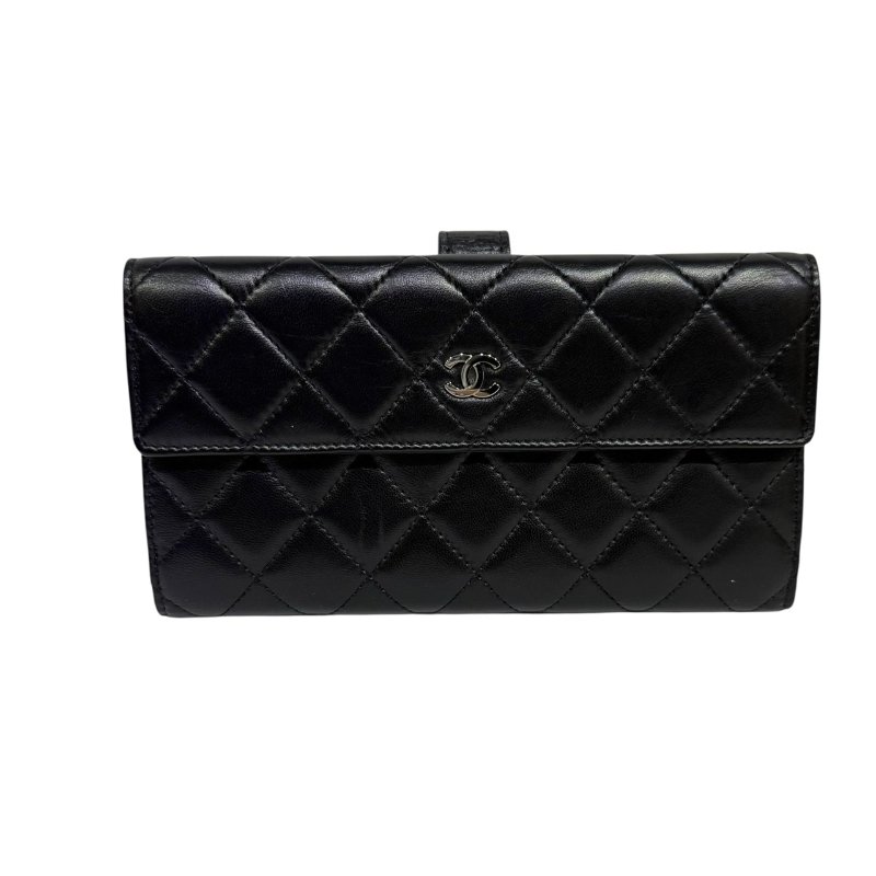 【美收精品】CHANEL 黑色羊皮菱格紋長夾 3-69-0