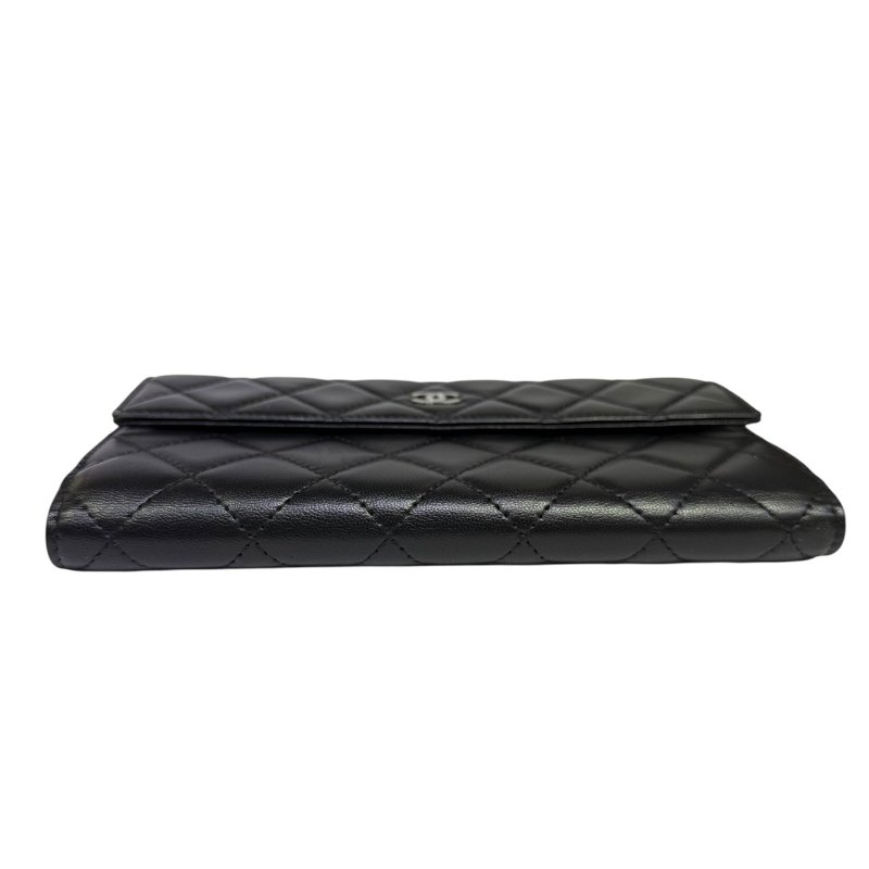 【美收精品】CHANEL 黑色羊皮菱格紋長夾 3-69-4