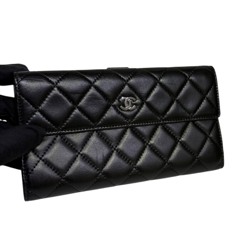 【美收精品】CHANEL 黑色羊皮菱格紋長夾 3-69-7