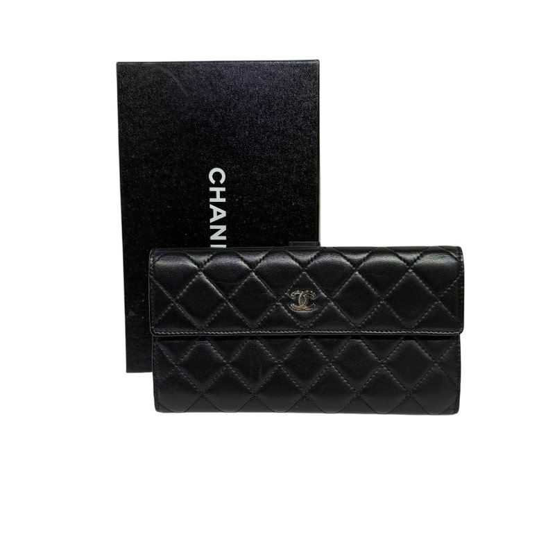 【美收精品】CHANEL 黑色羊皮菱格紋長夾 3-69-14