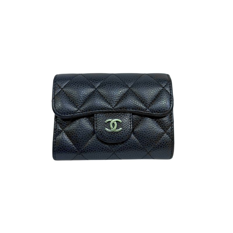 【美收精品】CHANEL 深藍色荔枝紋牛皮短夾 3-52-0