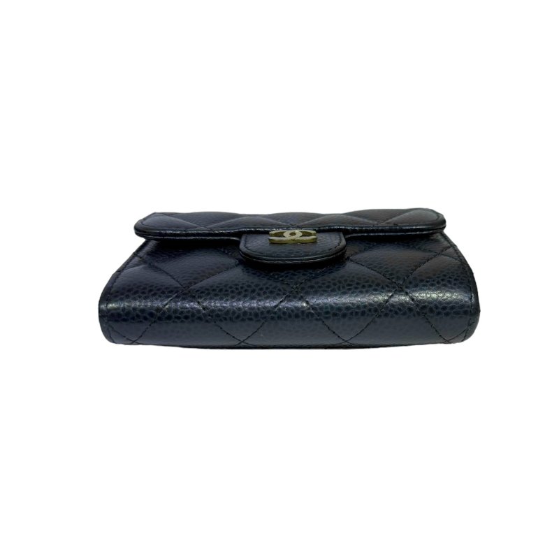 【美收精品】CHANEL 深藍色荔枝紋牛皮短夾 3-52-4