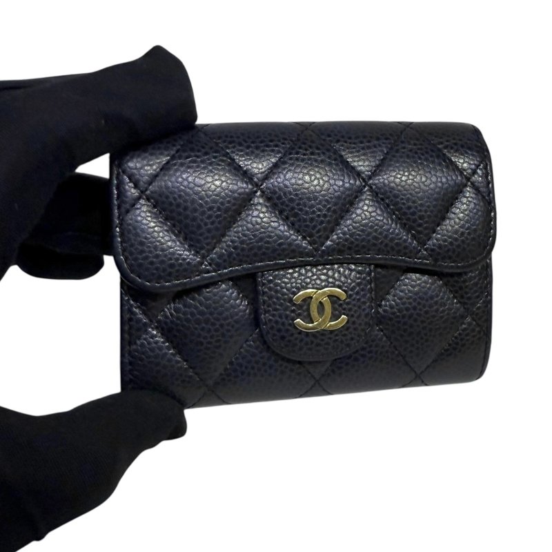 【美收精品】CHANEL 深藍色荔枝紋牛皮短夾 3-52-5