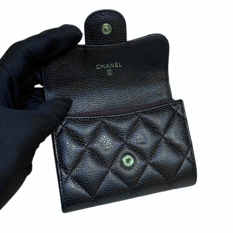 【美收精品】CHANEL 深藍色荔枝紋牛皮短夾 3-52-8