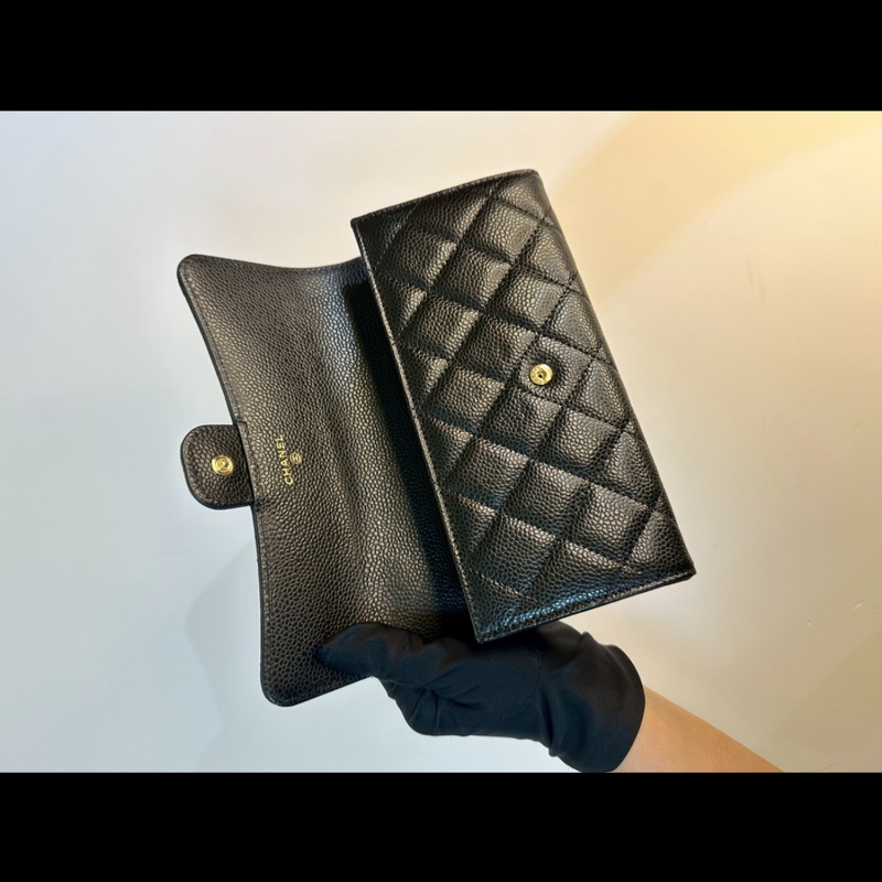 Chanel 荔枝皮翻蓋長夾 黑金-5