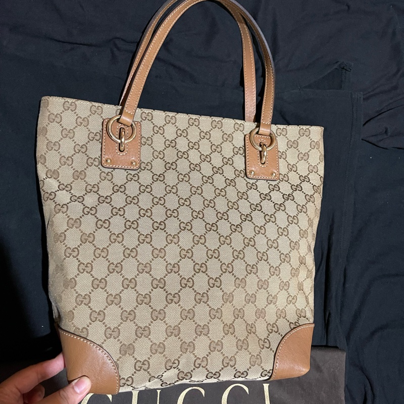 GUCCI 經典logo帆布棕色托特包 老花-1