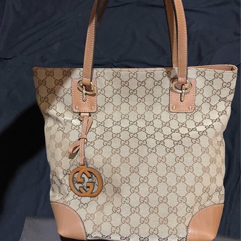 GUCCI 經典logo帆布棕色托特包 老花-5