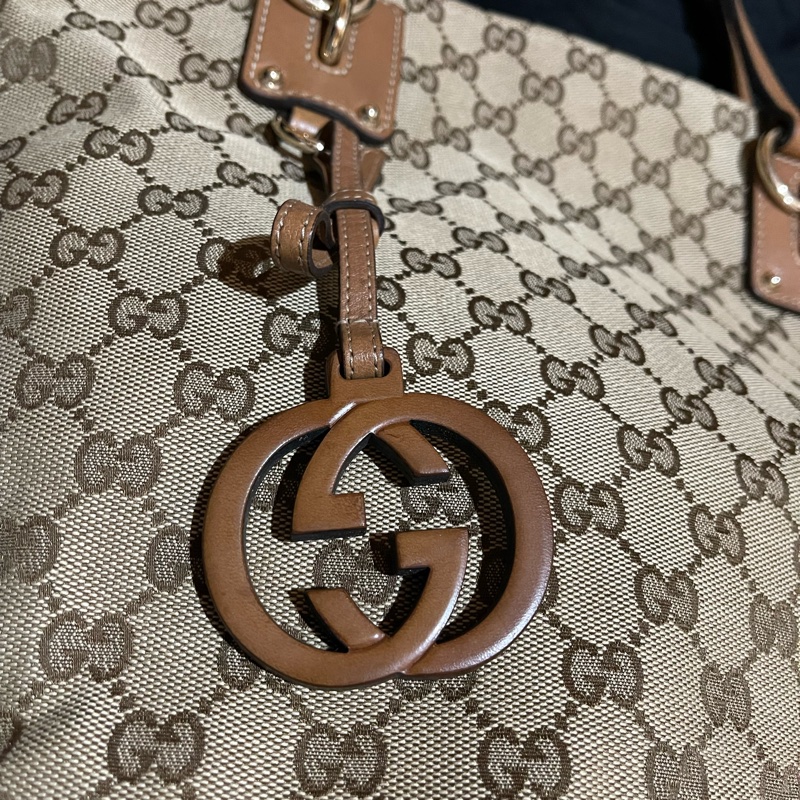 GUCCI 經典logo帆布棕色托特包 老花-6