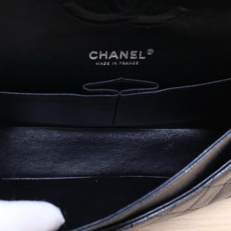 CHANEL(香奈兒) CF 口蓋包 中號 25.5cm 黑色 荔枝 13開 銀扣-4
