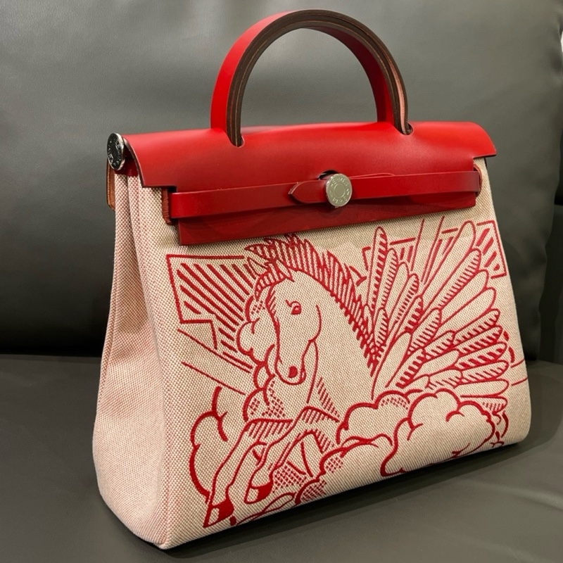 Hermes爱马仕Herbag31马鞍皮拼红色飞马-5