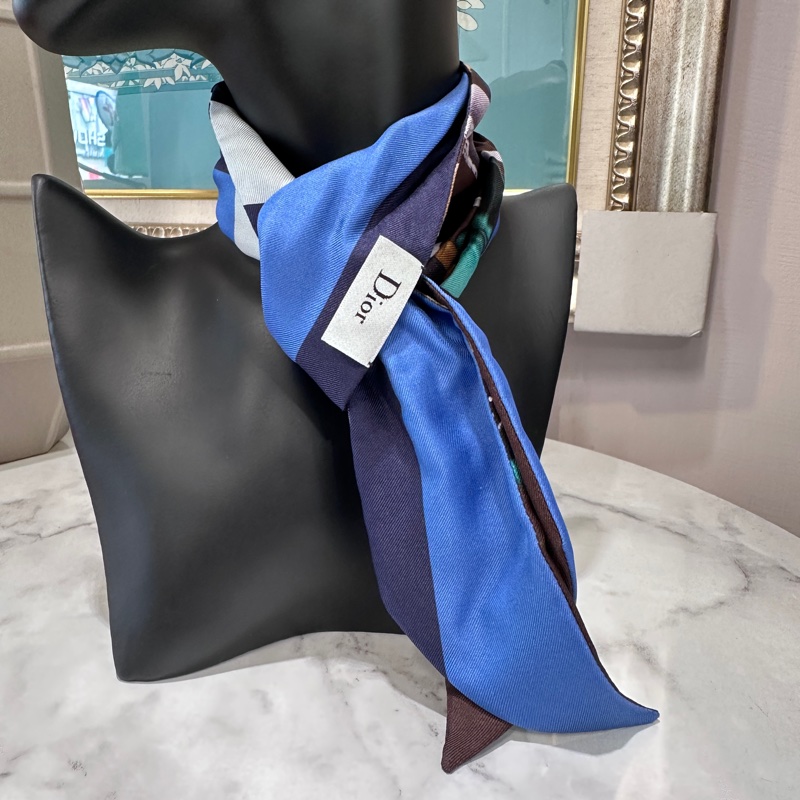 Dior咖啡底帽子拼深淺藍絲巾-4