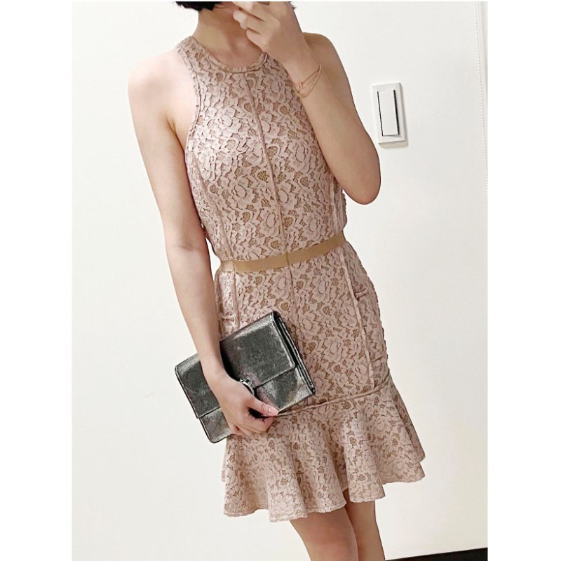 LANVIN 浪凡乾燥玫瑰粉色蕾絲魚尾洋裝 /禮服/削肩/S/36/XS/34-0