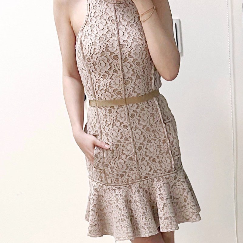 LANVIN 浪凡乾燥玫瑰粉色蕾絲魚尾洋裝 /禮服/削肩/S/36/XS/34-1