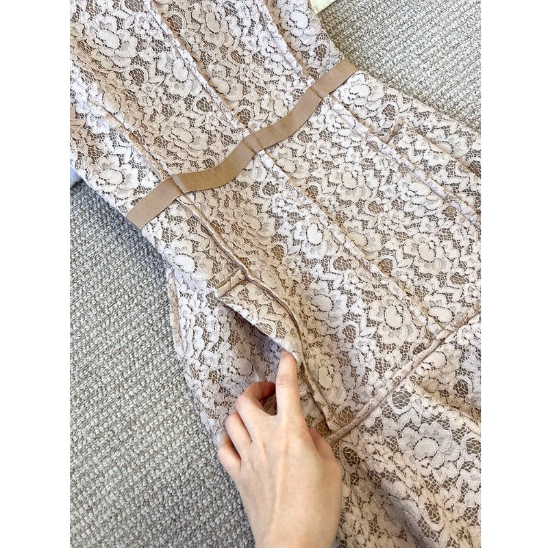 LANVIN 浪凡乾燥玫瑰粉色蕾絲魚尾洋裝 /禮服/削肩/S/36/XS/34-5