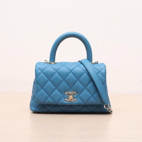 CHANEL(香奈兒) Coco Handle Mini 19cm 藍色 荔枝 30開 淺金扣