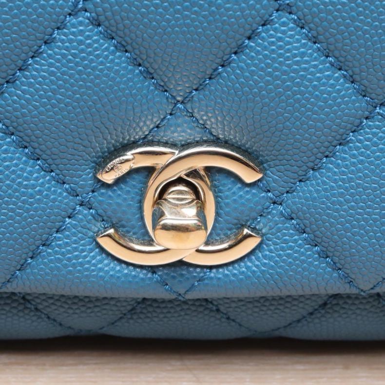 CHANEL(香奈兒) Coco Handle Mini 19cm 藍色 荔枝 30開 淺金扣-5