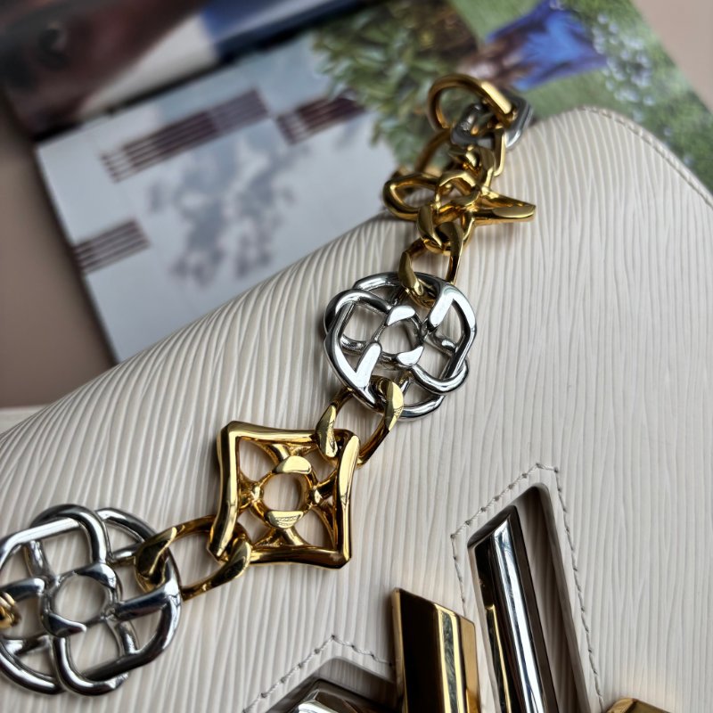 ::LOUIS VUITTON:: LV M22774 Twist白色EPI皮革金銀轉釦花卉手提鏈肩背兩用包MM-4