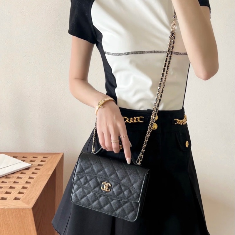香奈兒 CHANEL 25C 荔枝牛皮郵差包 手提包 雙肩豆腐包 小書包 斜背包 WOC黑金 多種背法-34