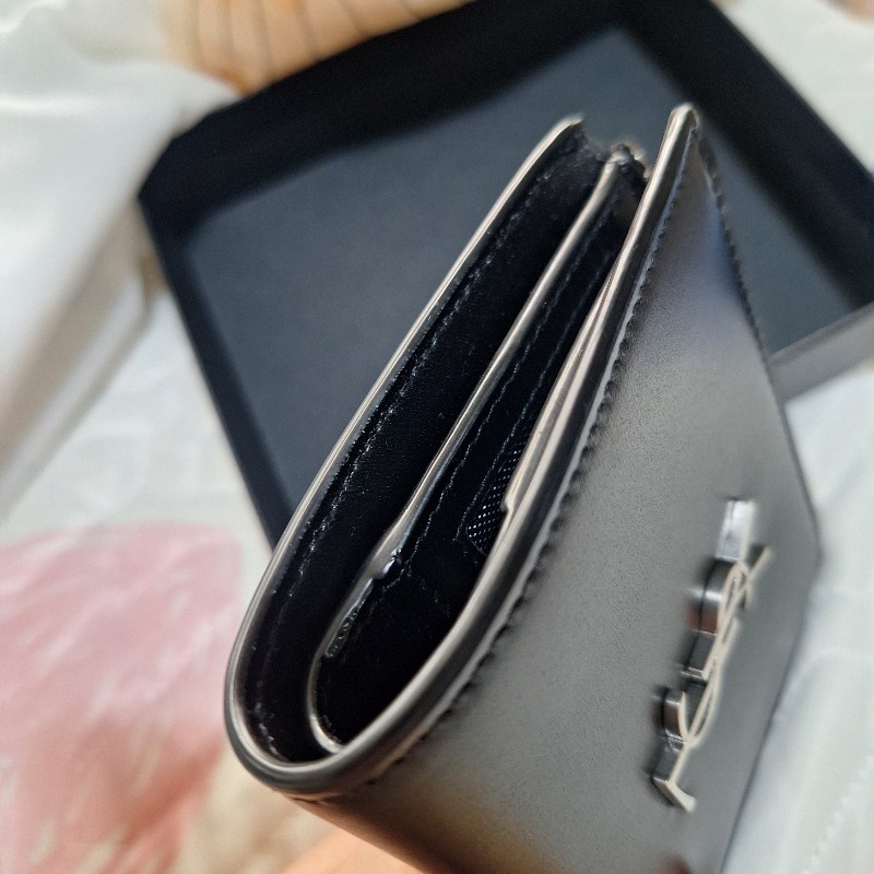 全新正品SAINT LAURENT 聖羅蘭YSL銀色logo黑色皮革扣式拉鍊短夾皮夾535411-7
