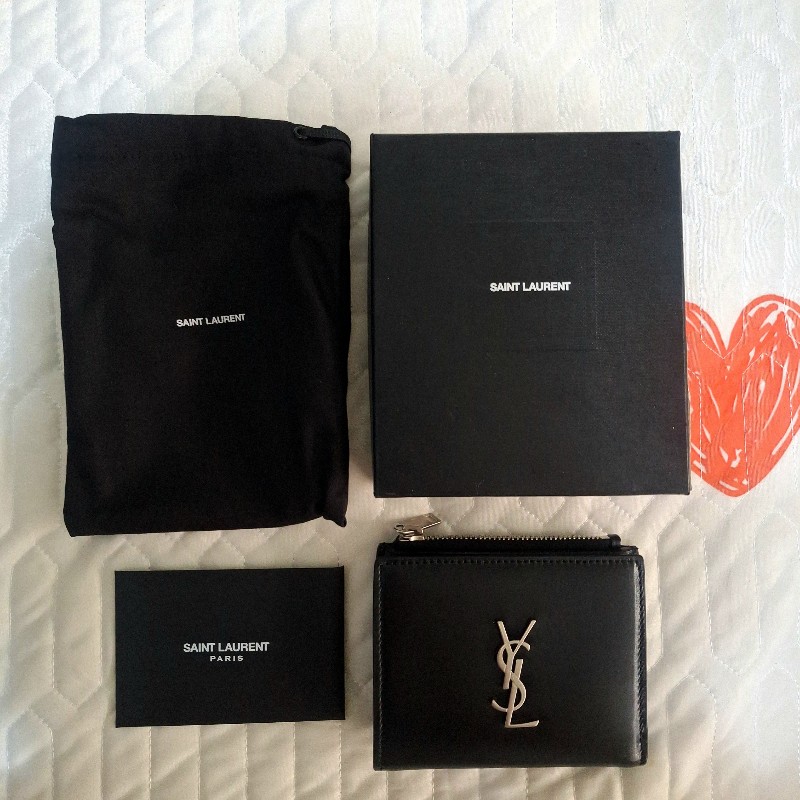 全新正品SAINT LAURENT 聖羅蘭YSL銀色logo黑色皮革扣式拉鍊短夾皮夾535411-15