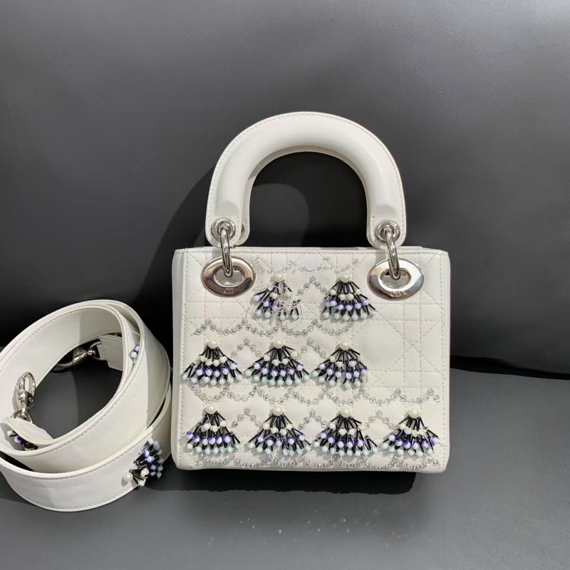 Dior迪奧三格戴妃包限量款 白色釘珠 戴妃包，2018購入-1