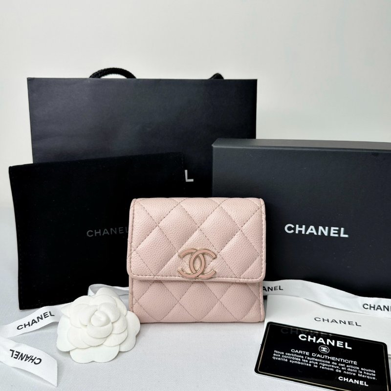 CHANEL 琺瑯雙C荔枝牛粉色短夾-0